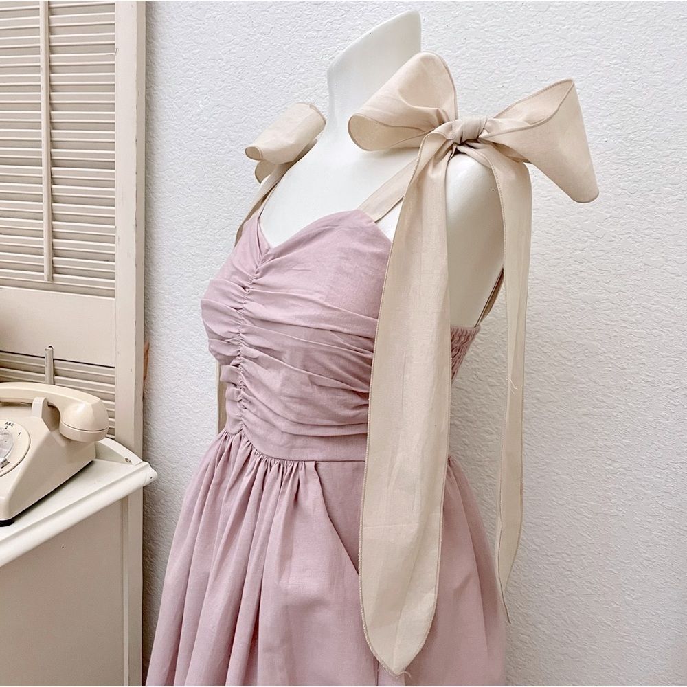 MIDI Dress, Ruched Bodice, Smocked Back, Long Wide Ties, S/M Fit, Dusty …
